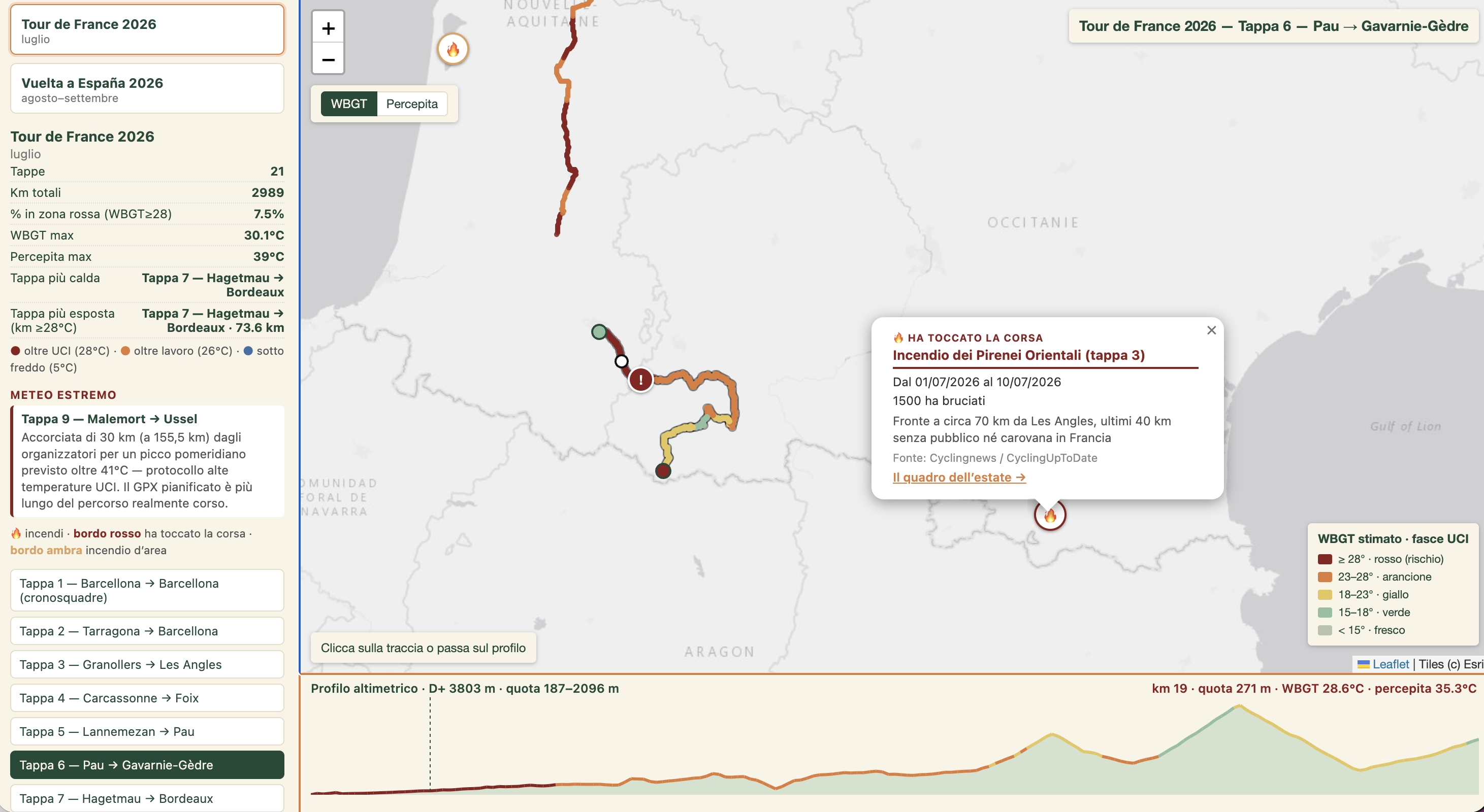 Mappa interattiva dei tre grandi giri 2026: il percorso del Tour de France colorato per fascia WBGT, con i marcatori degli incendi lungo le strade di gara