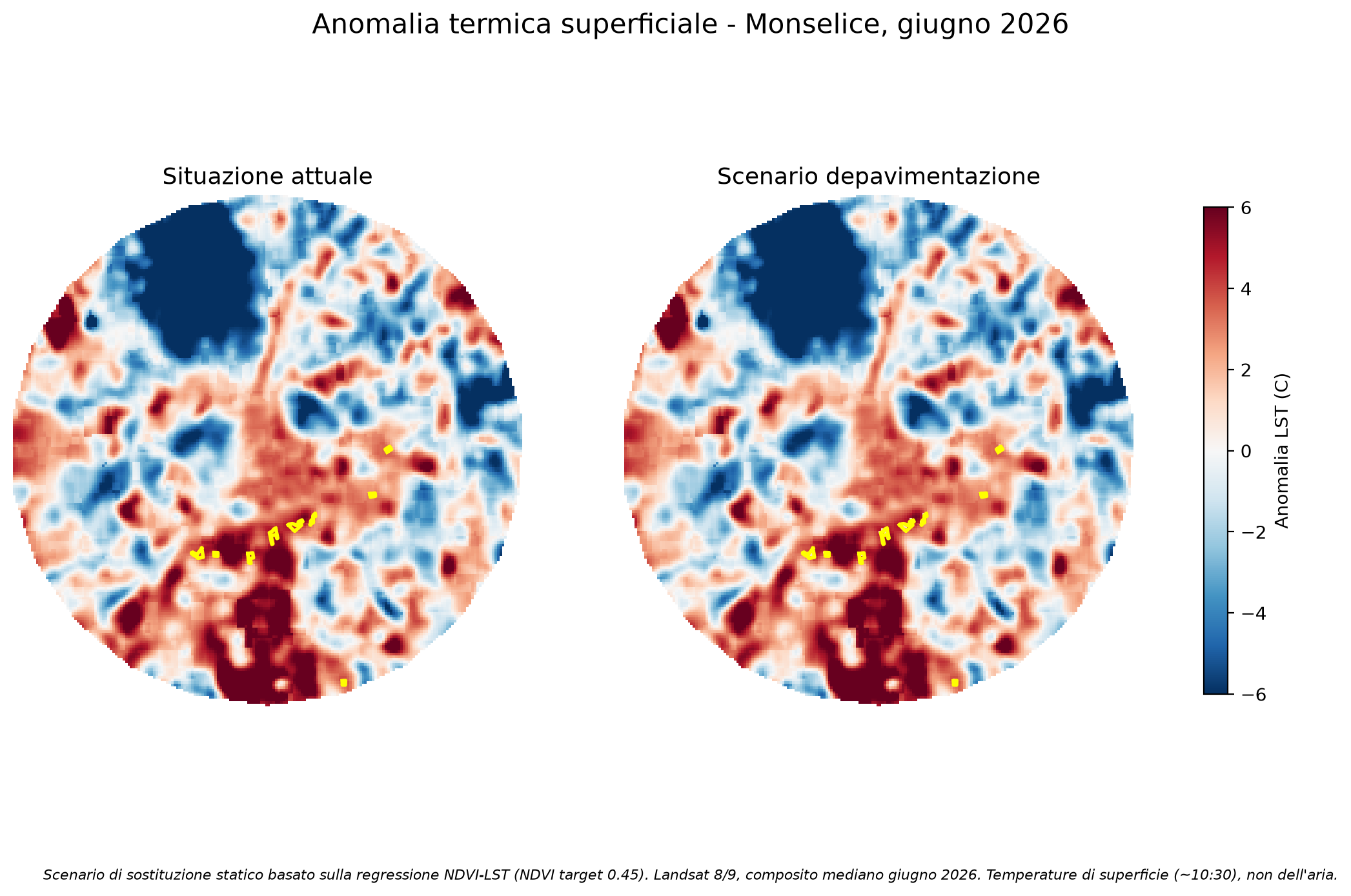 Confronto dell'anomalia termica prima e dopo lo scenario di depavimentazione