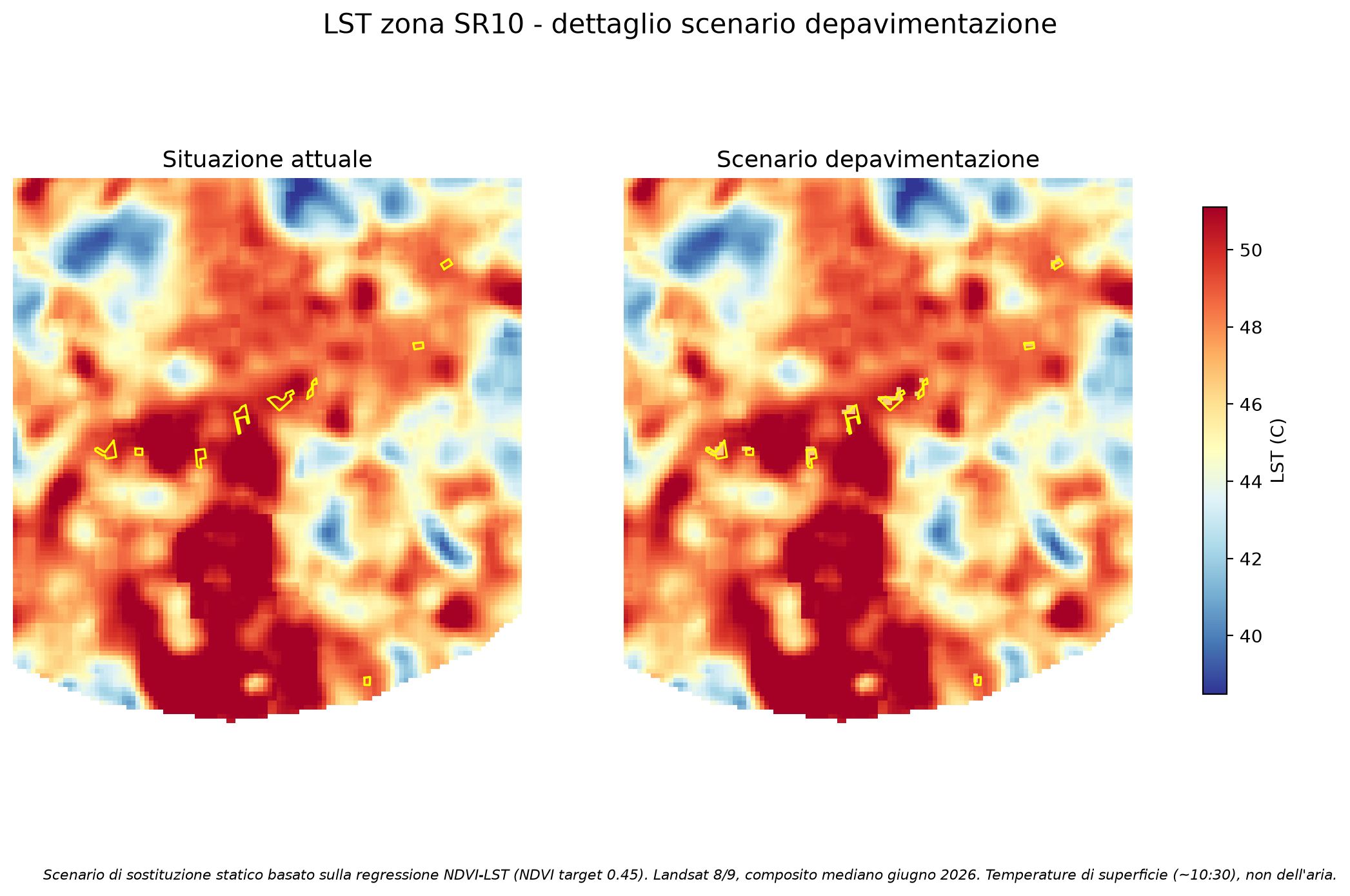 Zoom sulle temperature superficiali dei parcheggi prima e dopo lo scenario