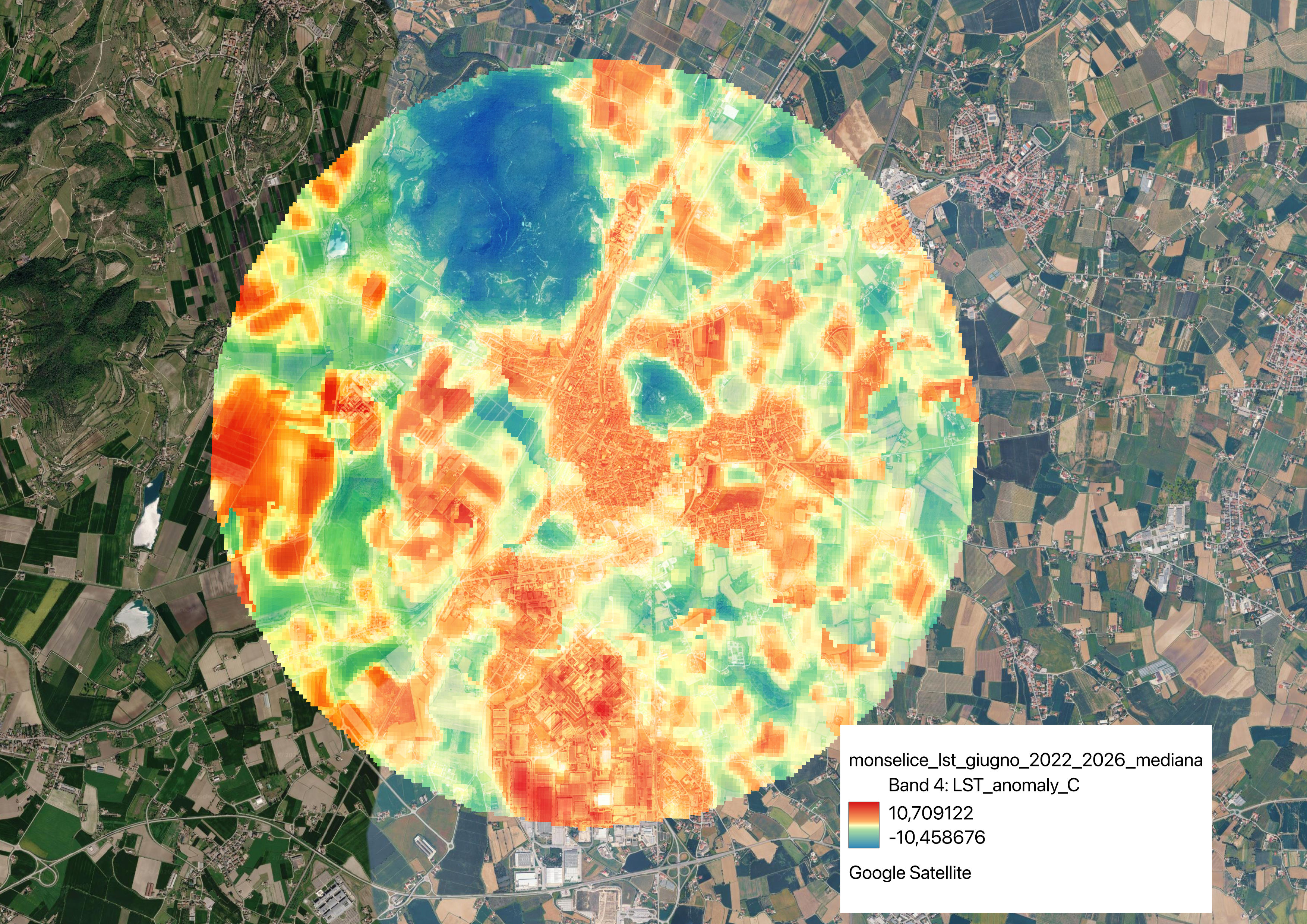 Mappa satellitare dell'anomalia della temperatura di superficie (LST) a Monselice: l'isola di calore urbana quartiere per quartiere